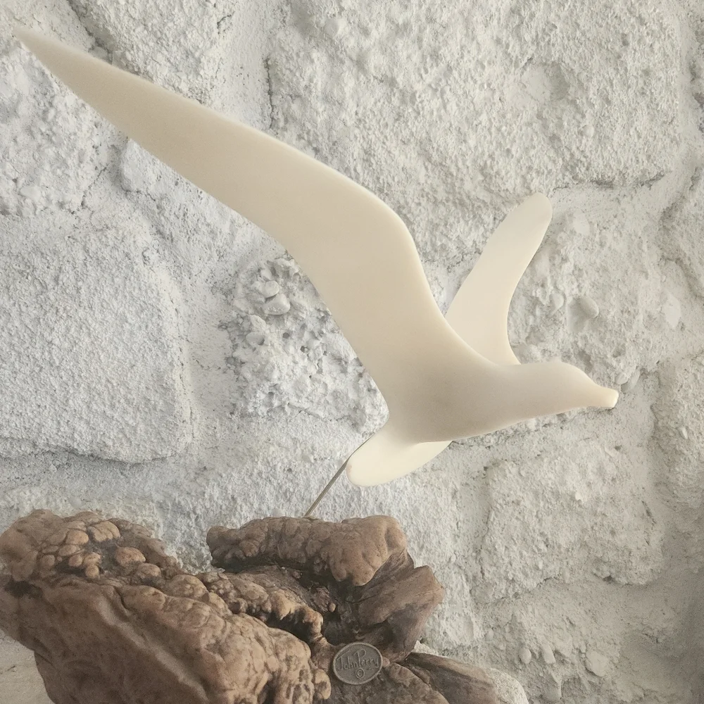 Vintage Seagull Bird Sculpture on Driftwood Base | Coastal Decor | John Perry